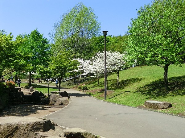 岸根公園(広々とした芝生広場や桜が綺麗な篠原池のほか、野球場、県立武道館などがあります。「忍者とりで」には吊り橋などの複合遊具があります。)