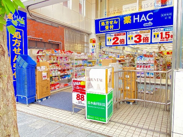 ハックドラッグ大倉山店　(青地に 白い字の「HAC」が目立つ広い店舗では、医薬品のほか食品と日用品を扱っています。)