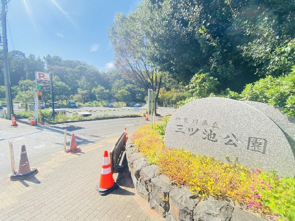 三ツ池公園(春には1600本の桜が開花する名所。テニスコート、プール、ロング滑り台等があり1日中楽しめます。)